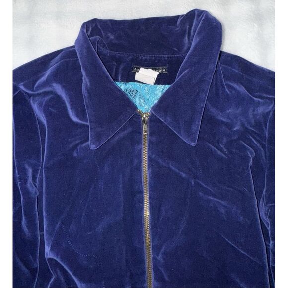 Anthropologie Small 34" Blue Navy Full Length Zip‎ Velvet Coat Jacket Lace Inlay - Picture 9 of 10